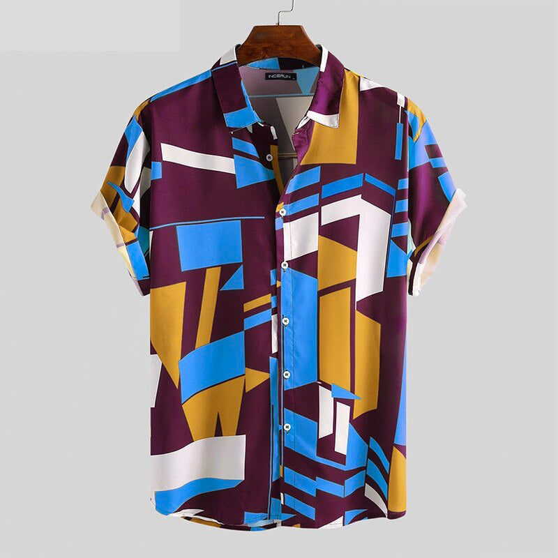 Beverlia Summer Men Beach Shirt Geometric Print Short Sleeve Lapel Neck Button Leisure Hawaiian Shirts Men 2020 Streetwear. Summer fashion trends 2020 summer clothes styles men summer outfits. Summer shirts short sleeve beach shirts mens summer fashion summer wear dress shirts. geometric print style pattern shirt 