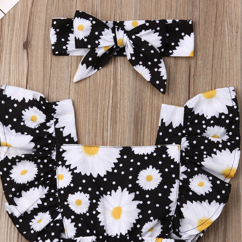 Fly Sleeve Ruffle Romper - Sunflower Black