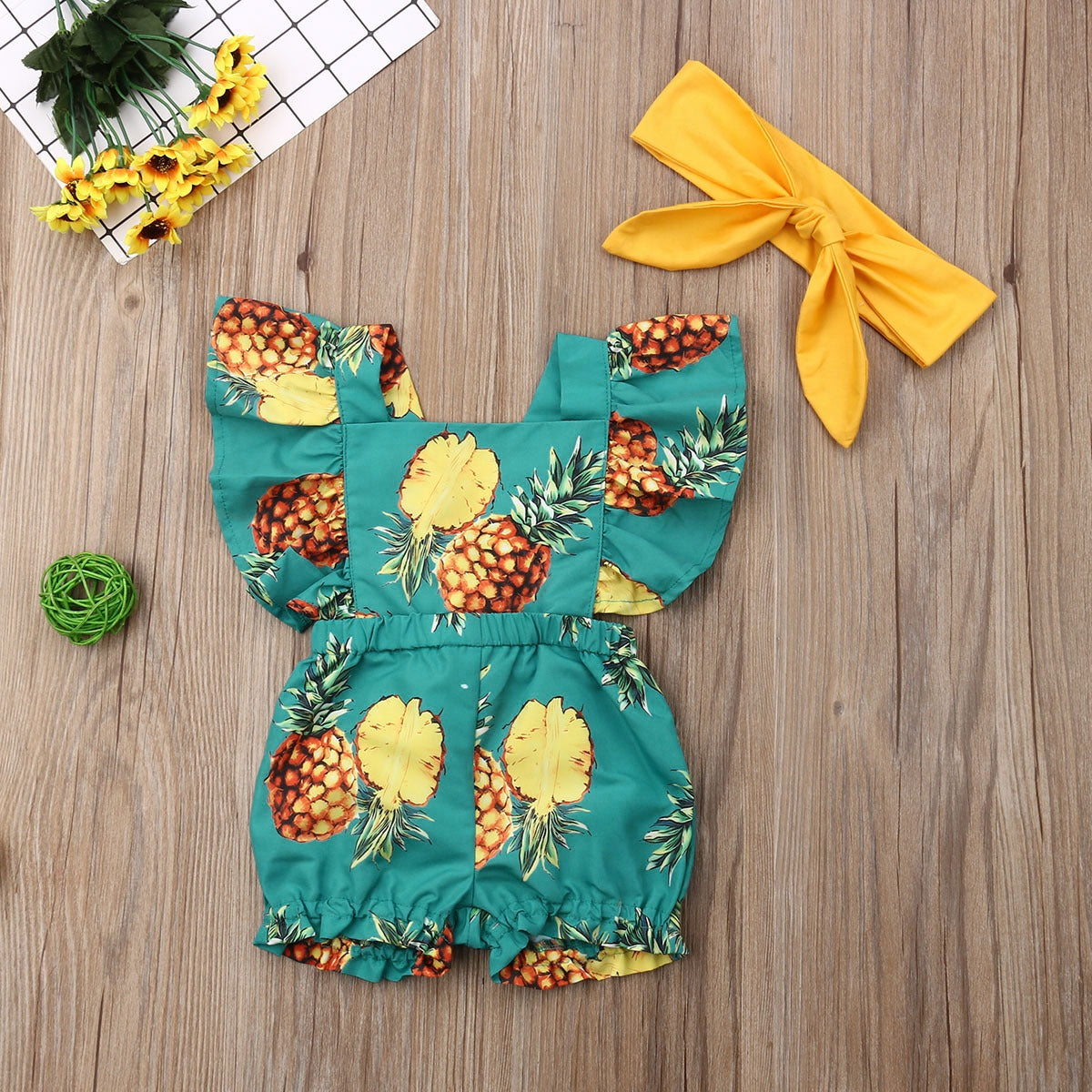 Fly Sleeve Ruffle Romper- Pineapple Green