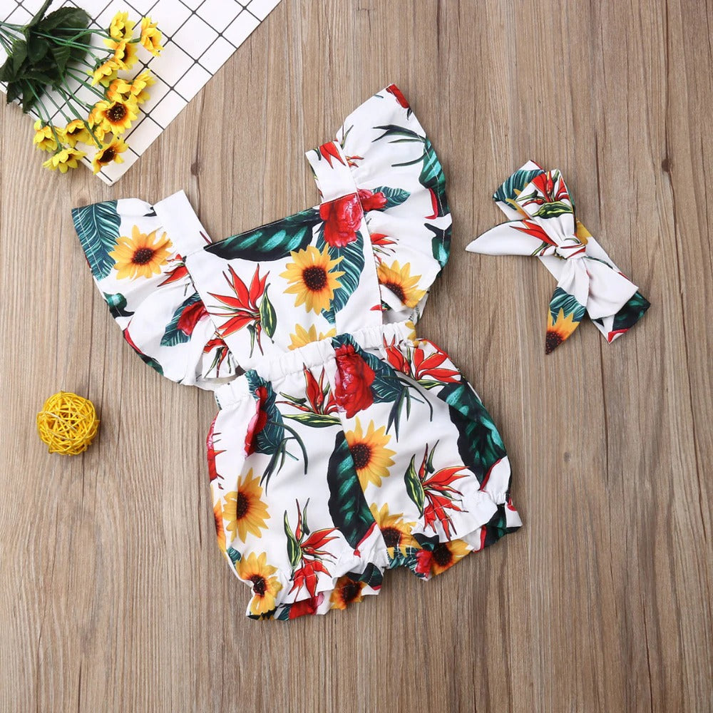 Fly Sleeve Ruffle Romper - Flower Print