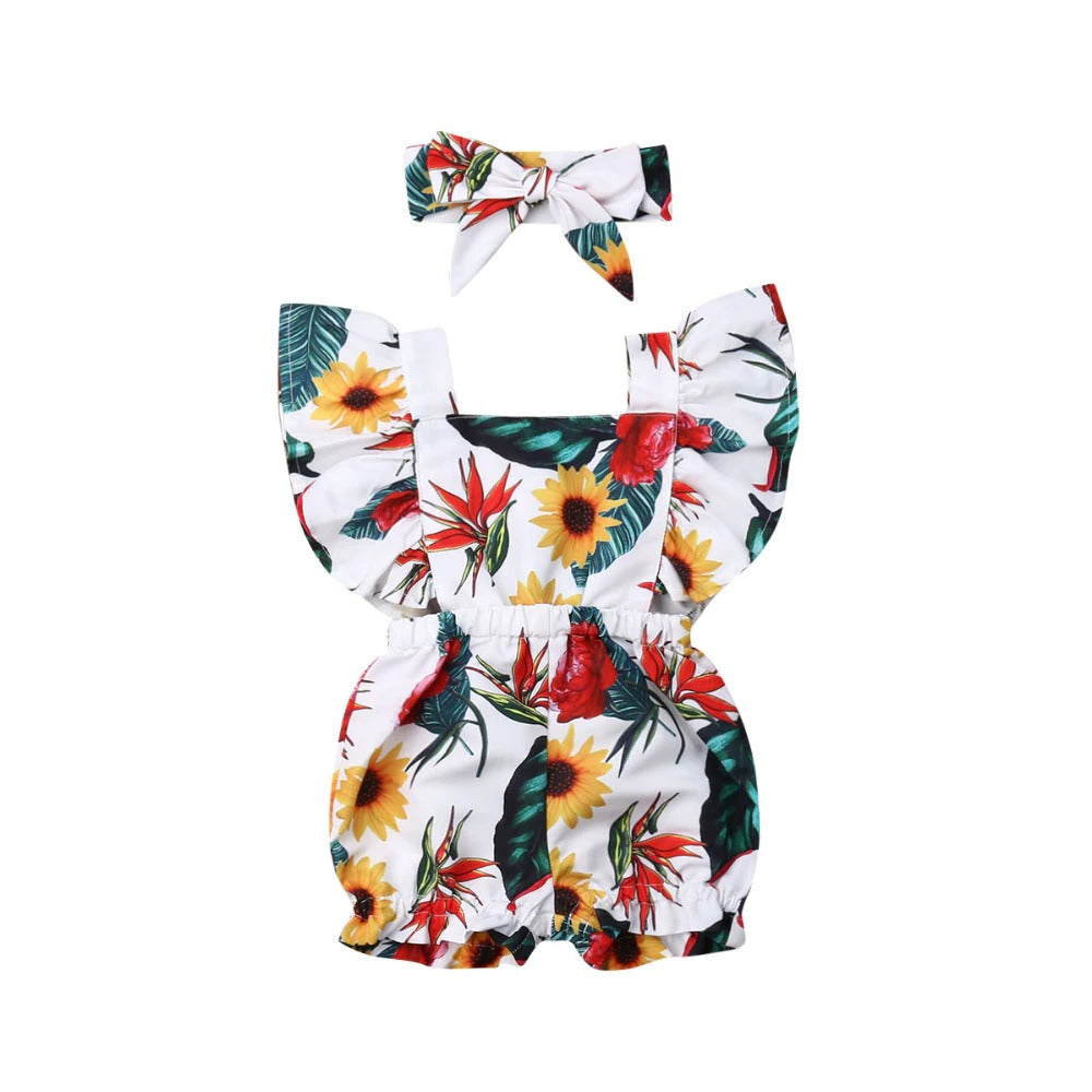 Fly Sleeve Ruffle Romper - Flower Print