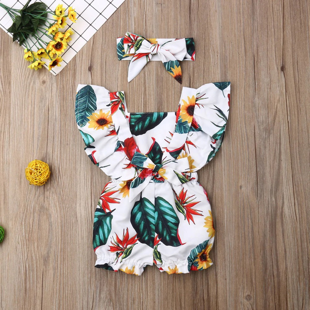 Fly Sleeve Ruffle Romper - Flower Print