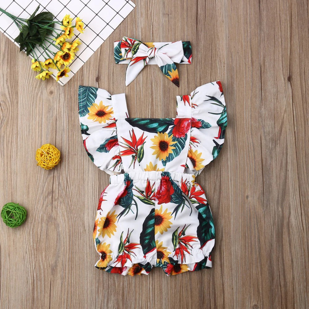 Fly Sleeve Ruffle Romper - Flower Print