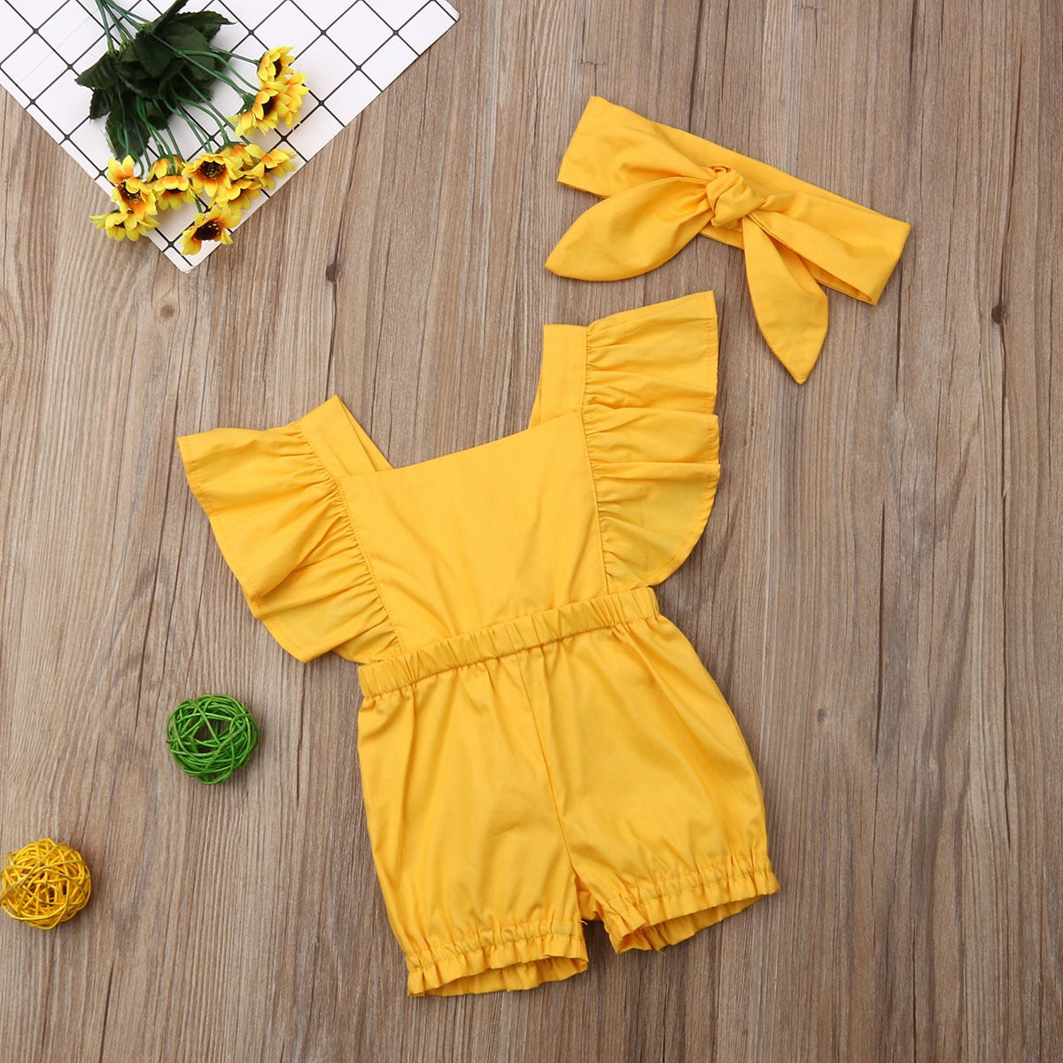 Fly Sleeve Ruffle Romper - Solid Yellow