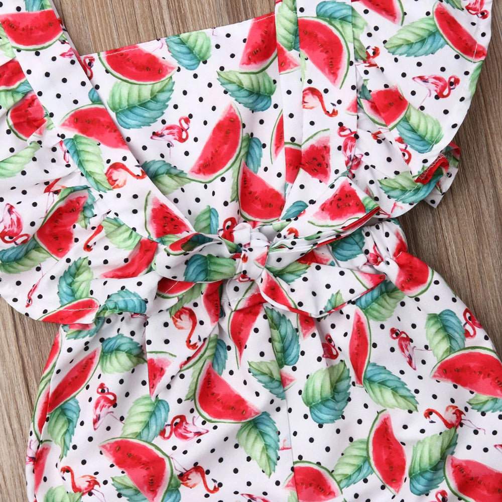 Fly Sleeve Ruffle Romper - Watermelon Leaves