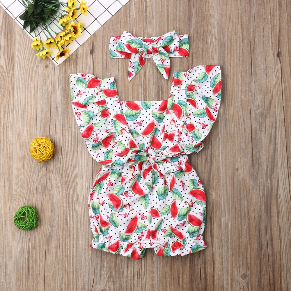 Fly Sleeve Ruffle Romper - Watermelon Leaves