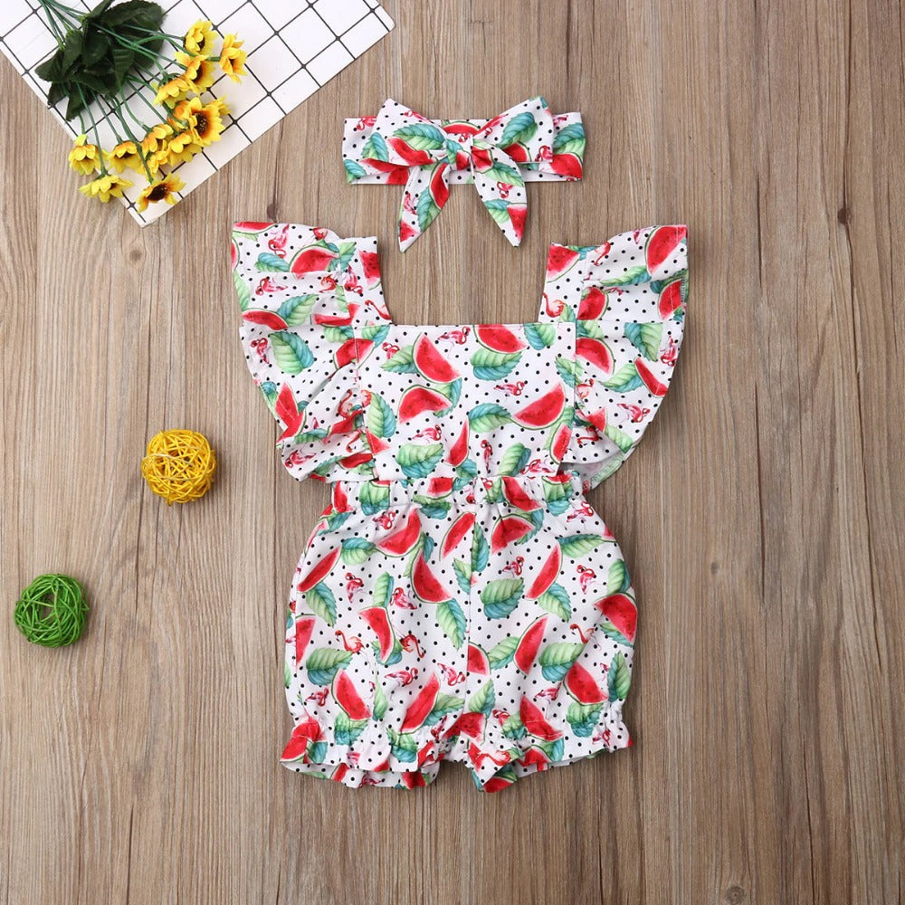 Fly Sleeve Ruffle Romper - Watermelon Leaves