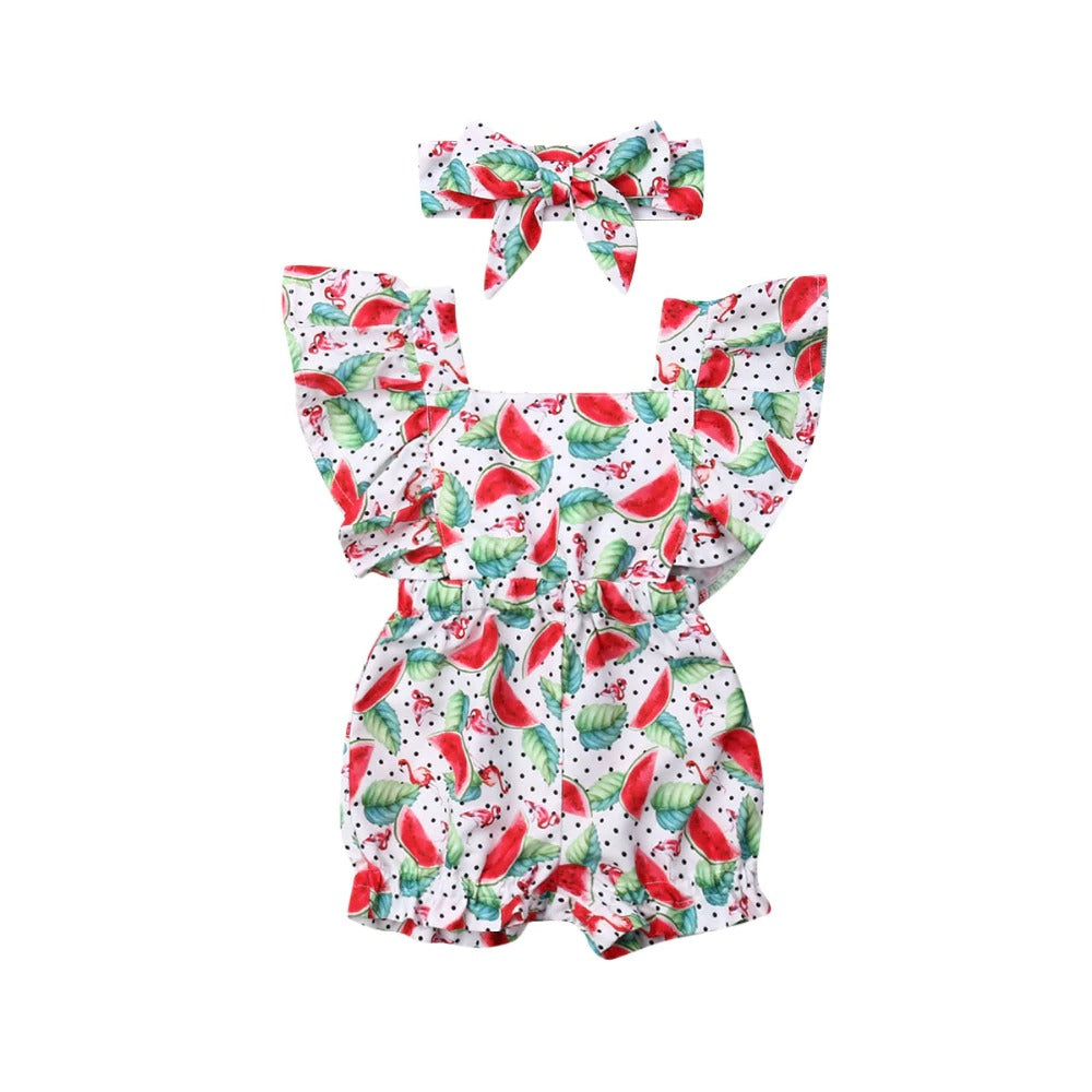 Fly Sleeve Ruffle Romper - Watermelon Leaves