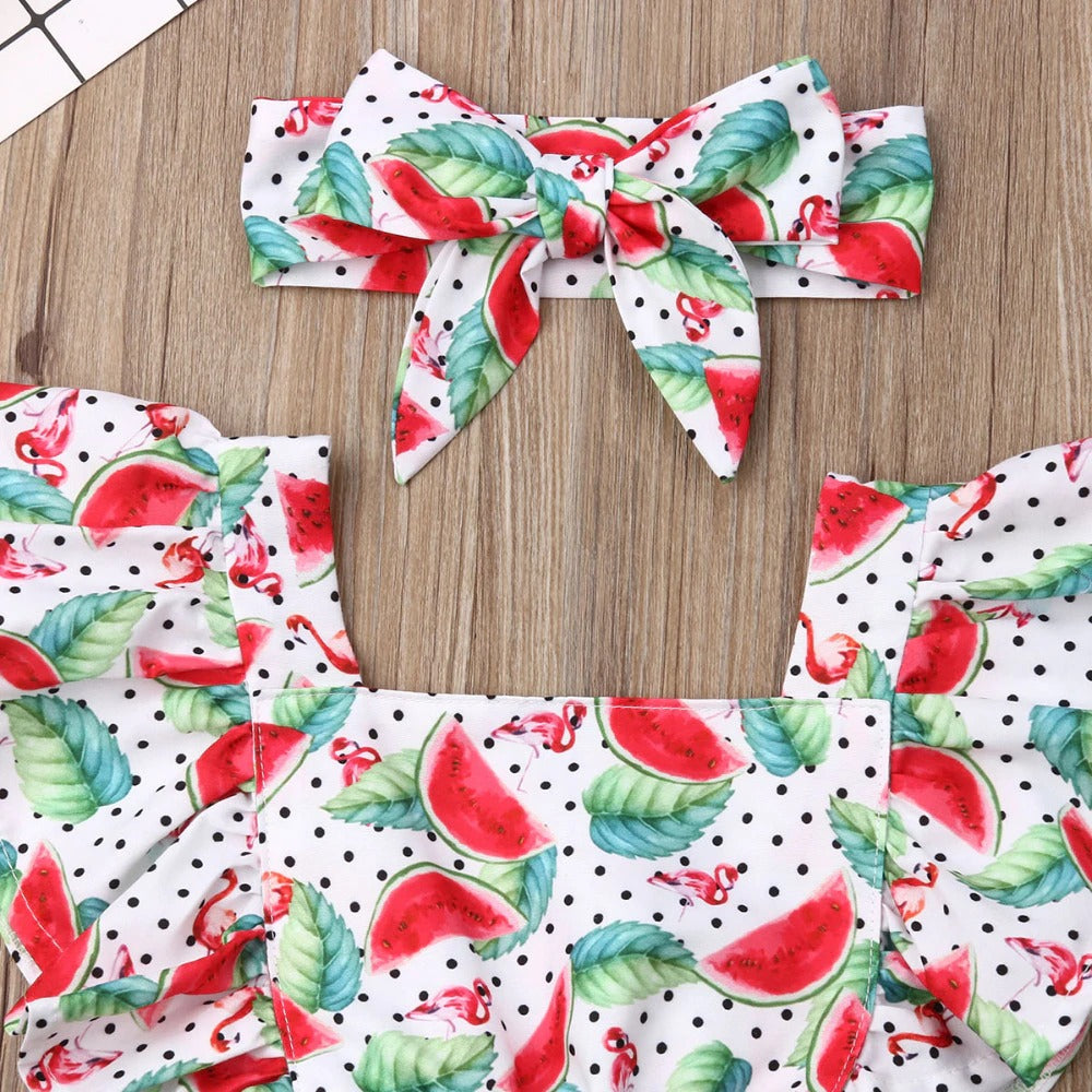 Fly Sleeve Ruffle Romper - Watermelon Leaves