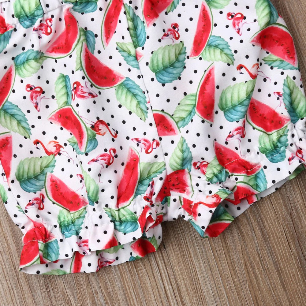 Fly Sleeve Ruffle Romper - Watermelon Leaves