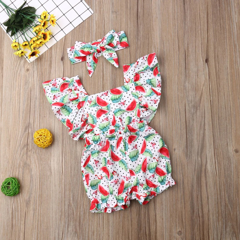 Fly Sleeve Ruffle Romper - Watermelon Leaves