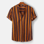 Load image into Gallery viewer, Beverlia Fashion Striped Men Shirt Stand Neck Button Streetwear Casual Brand Shirts Men Hip-hop Short Sleeve Pullover Tops Camisa 2020 Mens pullover tops hip hop t shirts big and tall hip hop clothing hip hop band tees striped shirt short sleeve Red striped shirt mens stand up collar shirt.
