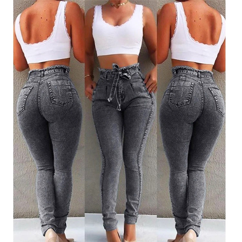 Beverlia Womens Clothing Womens Fashion | High Waist Jeans For Women Slim Stretch Denim Jean Bodycon Tassel Belt Bandage Skinny Push Up Jeans Woman High waisted jeans super plus size slim fit stretch jeans pants  tassel jeans  denim bodycon light blue black gray dark blue