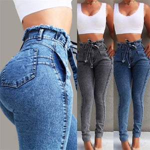 Beverlia Womens Clothing Womens Fashion | High Waist Jeans For Women Slim Stretch Denim Jean Bodycon Tassel Belt Bandage Skinny Push Up Jeans Woman High waisted jeans super plus size slim fit stretch jeans pants  tassel jeans  denim bodycon light blue black gray dark blue