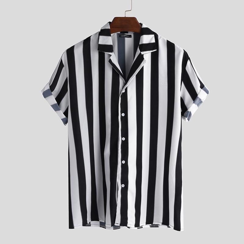 Beverlia Casual Men Striped Shirt Breathable Loose Lapel Neck Short Sleeve Tops 2020 Streetwear Vacation Brand Shirts Men Camisa striped shirt short sleeve black and white striped shirt mens striped collar shirt vertical striped shirts designs button up shirts streetwear clothing official brands shirt pattern for mans