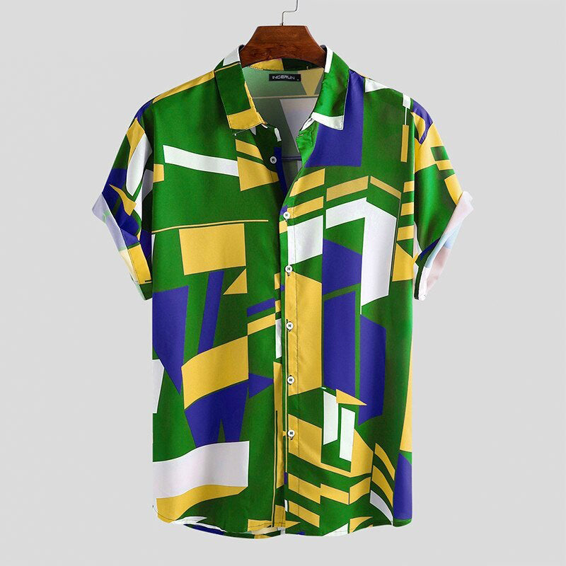 Beverlia Summer Men Beach Shirt Geometric Print Short Sleeve Lapel Neck Button Leisure Hawaiian Shirts Men 2020 Streetwear. Summer fashion trends 2020 summer clothes styles men summer outfits. Summer shirts short sleeve beach shirts mens summer fashion summer wear dress shirts. geometric print style pattern shirt 