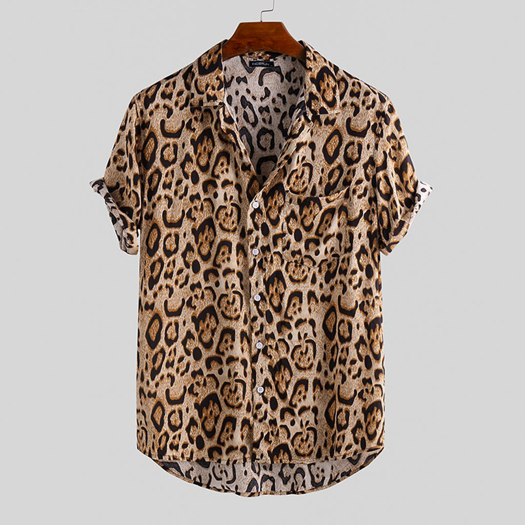 Beverlia 2020 Summer Leopard Print Men Shirt Breathable Short Sleeve Loose Button Blouse Streetwear Beach Hawaiian Shirts Men leopard shirt plus size dress leopard print clothes top shirt mens beach shirts style hawaiian shirts for men island shirts summer shirts beach clothes best mens t shirts brands designs for men.